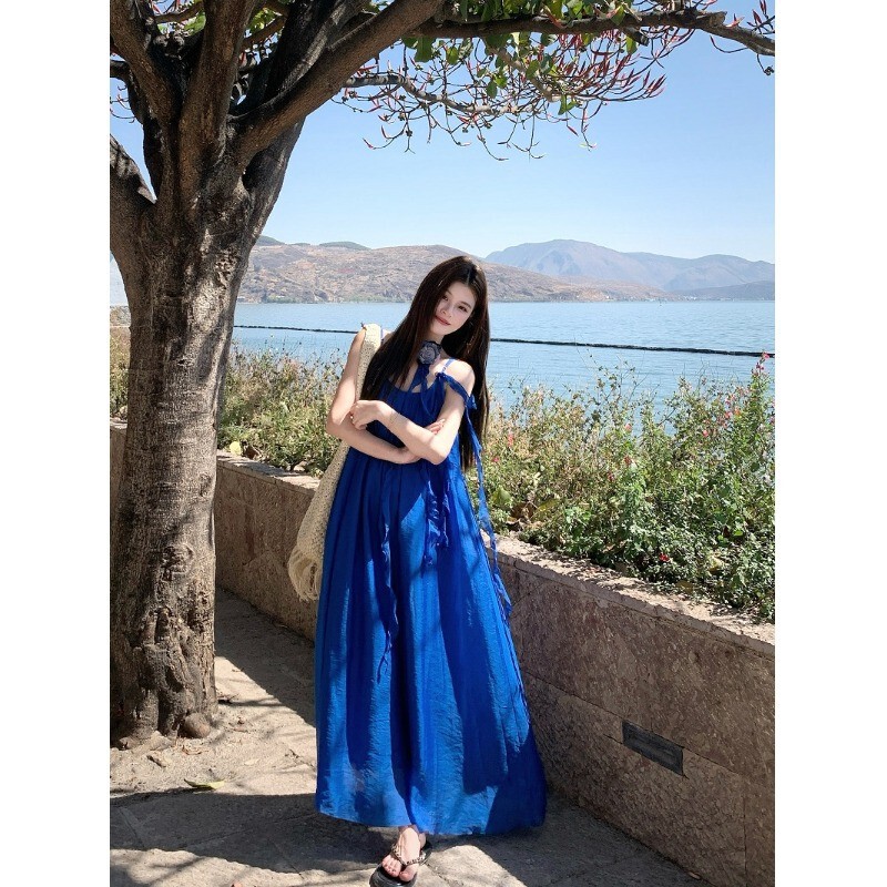 Blue Flower Backless Suspender Dress for Women Summer French Loose Holiday Skirt Niche Elegant Large Hem Long Skirt
