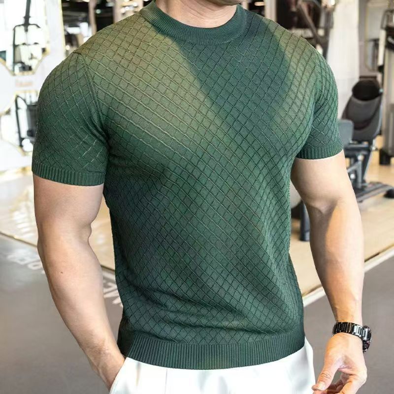 Nuevo agujero de hielo de punto de manga corta hombre deportivo de acondicionamiento físico mostrando músculo se puede usar camiseta de punto de media manga