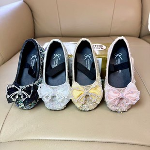 Girls' Princess Shoes 2024 Spring and Autumn New Arrival Rhinestone Fashion Bow Girl Baby's Crystal Shoes Soft Sole Aisha Shoes