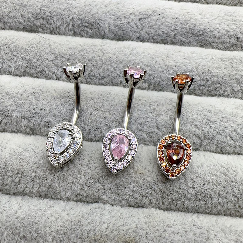 Goccia d'acqua tricolore con zirconi a doppia testa, gioielli da piercing scintillanti, acciaio al titanio, piercing all'ombelico alla moda e alla moda._voghion.com