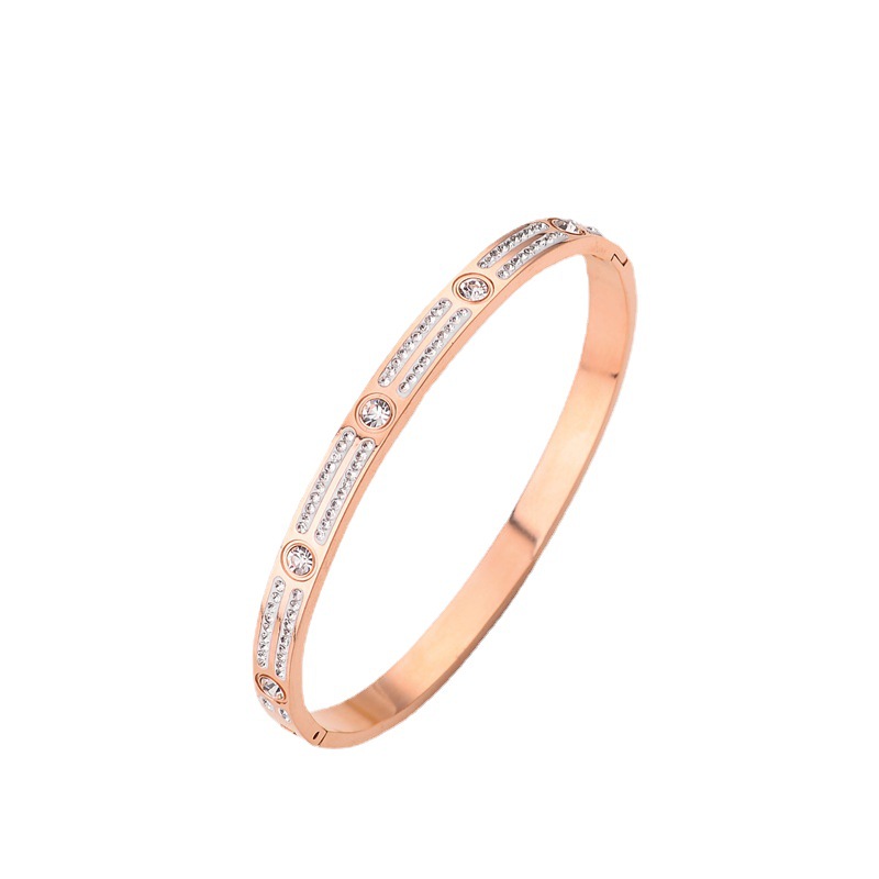 Jia Jianqiang dos filas de pulseras de taladro para hombres y mujeres de moda europea y americana nueva pulsera de titanio de acero oro rosa