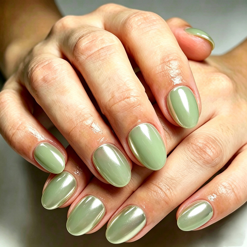 Short Oval Glossy European and American Style Solid Color Lime Green Electroplated Aurora High-End Minimalist Pure Desire Wearable Nails 32 Pieces