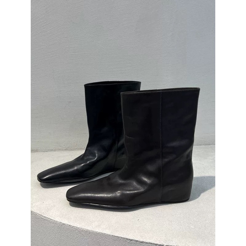 Cowhide Version ~ Genuine Leather Inner Heightening Square Toe Wide Tube Slim Boots for Women Retro Work Clothing Versatile Black Short Boots Boots