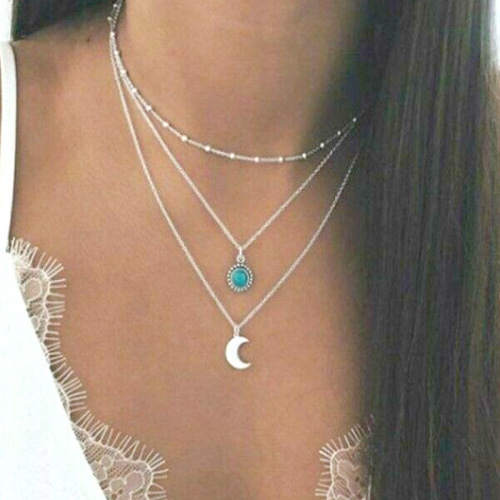 Trendy, Versatile European & American-style Accessories: Instagram-Favorite Turquoise Multi-Layer Necklace for Women – Featuring a Chic Metal Moon Pendant Choker