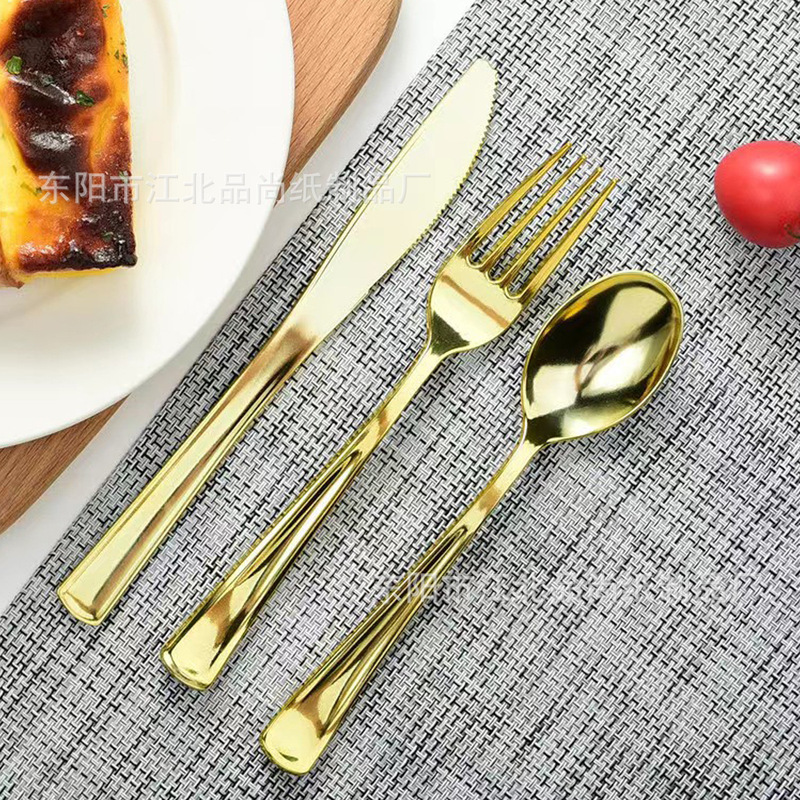 Cross-Border Amazon Disposable Tableware Plastic Knife, Fork and Spoon Electroplated Western Food Knife, Fork and Spoon Dessert Fork and Spoon Simple Ready Stock