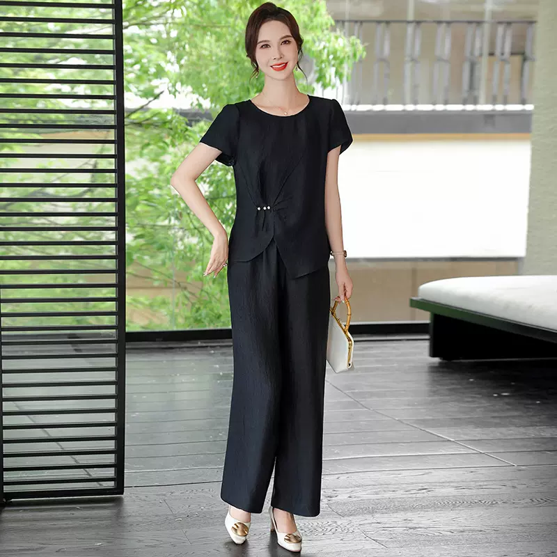 时尚新中式中老年女装雪纺衫裤子套装夏新款妈妈装休闲度假两件套