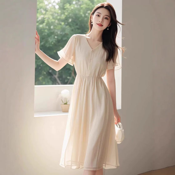 Korean Style Elegant and Dateful Elegant Solid Color V-neck Tight Waist Slim Dress Summer New Long Dress for Women