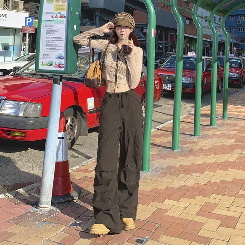 generation of wholesale! American Style Retro Street Casual Elastomer Drawstring Pleated Straight Pocket Loose Overalls