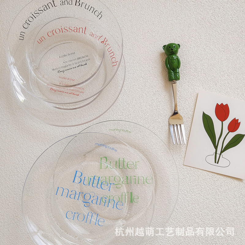 ins simple round household Internet celebrity restaurant French letter glass plate foreign trade South Korea dessert plate breakfast plate ins simple round household Internet celebrity restaurant French letter glass plate foreign trade South Korea dessert plate breakfast plate