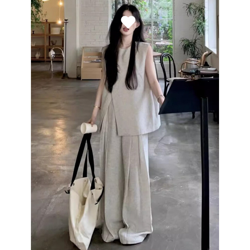 时尚休闲套装女新款秋季慵懒风不规则无袖马甲上衣阔腿裤子两件套|undefined