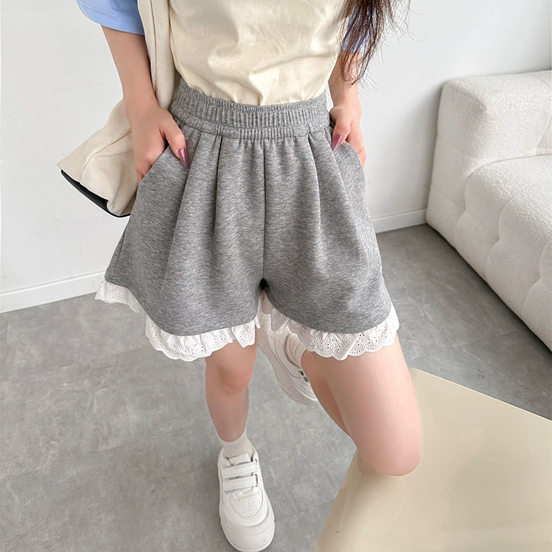 Серые шорты с кружевной отделкой для женщин, лето 2025, утягивающие широкие брюки с высокой талией, миниатюрные прямые повседневные брюки трапециевидной формы