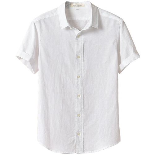 夏季新款亚麻短袖衬衫男士休闲棉麻白色衬衣纯色t恤薄上衣男款潮