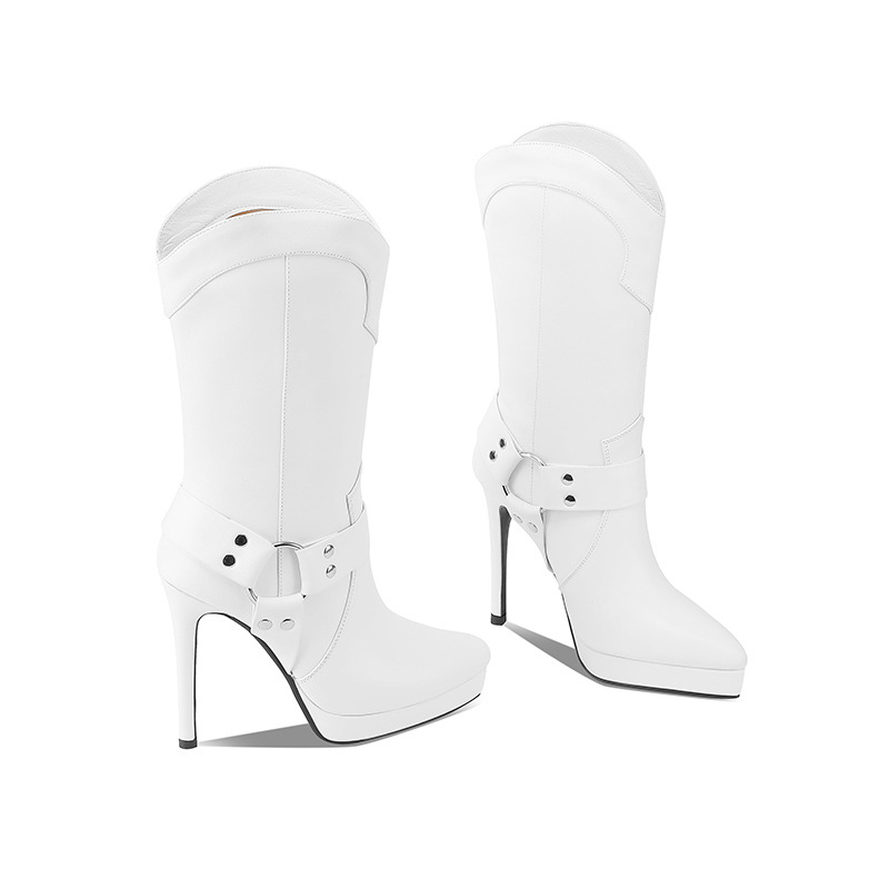 Boot nữ cổ cao ôm bắp chân mũi nhọn da thật, gót platform 10 cm, phong cách retro châu Âu — Lớp lót đơn màu trắng 10cm