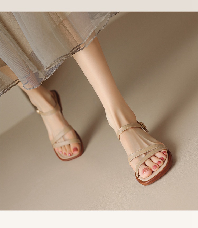 Sandal hở mũi quai ngang da bò gót thấp mũi vuông nữ kiểu mới — Màu nâu chi tiết 8