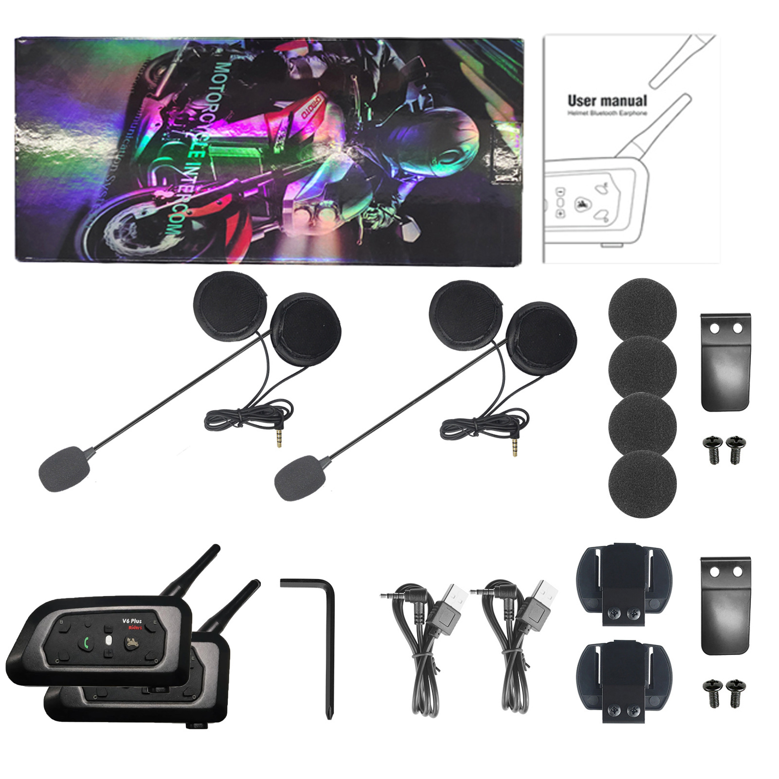 Neutral V6Plus Helmet Bluetooth Headset Motorcycle Helmet Intercom Headset Cycling Noise-Cancelling Headset Waterproof Cross-Border