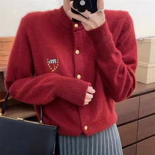 音卓春秋时尚短针织开衫女刺绣春秋新款圆领宽松显瘦针织毛衣外套