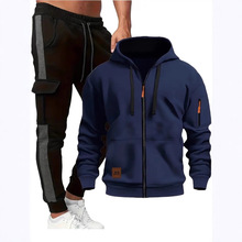 2025跨境秋冬男士运动卫衣拉链多口袋工装帽衫小脚裤运动休套装