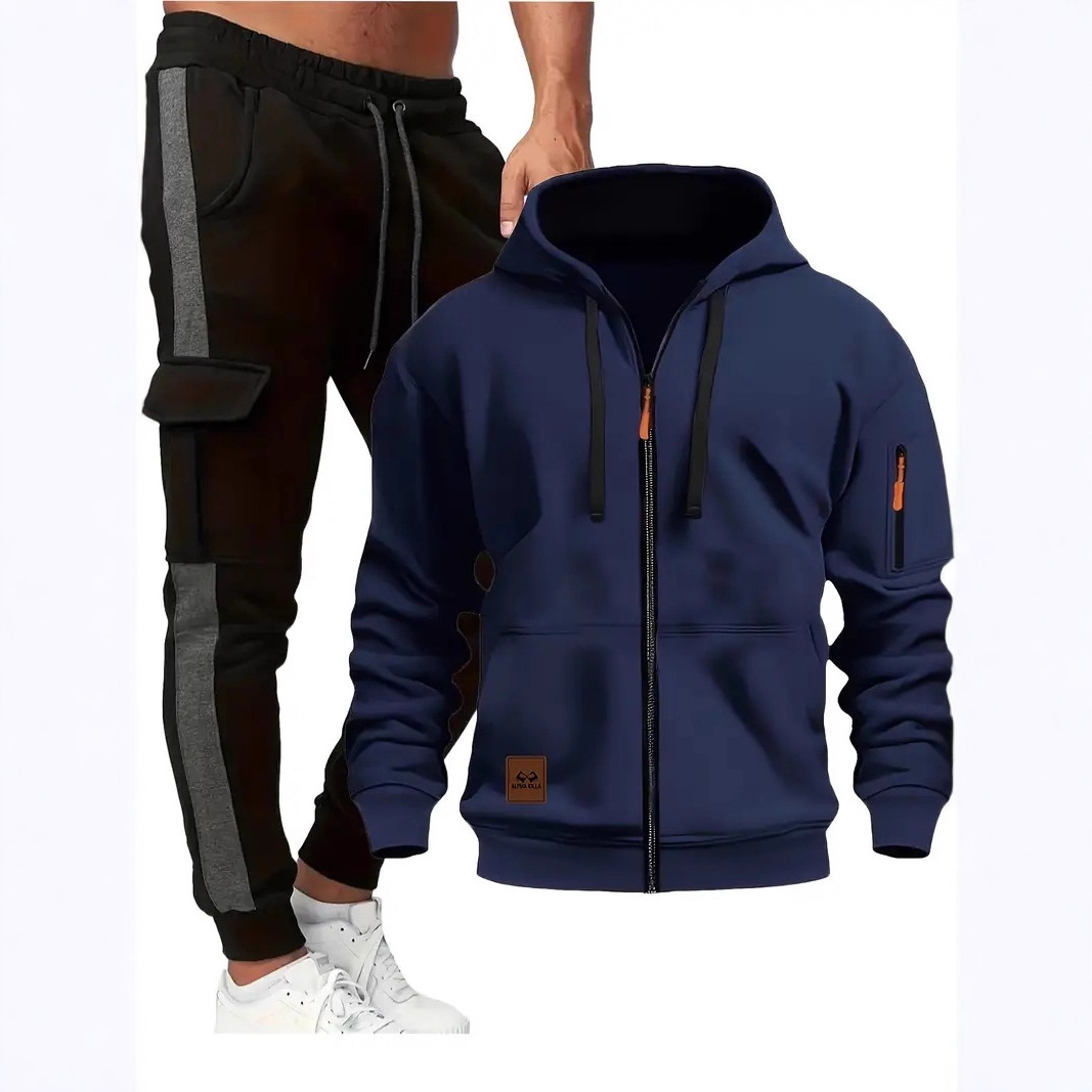 2025跨境秋冬男士运动卫衣拉链多口袋工装帽衫小脚裤运动休套装