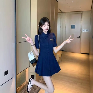 畅销学院风翻领连衣裙显瘦夏季短袖收腰褶皱 高档气质排扣a字裙子