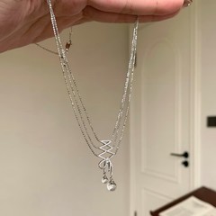 S925纯银蕾丝带白水晶蝴蝶结项链女时尚轻奢ins风气质首饰送闺蜜