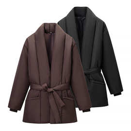 2025欧美跨境棉服系带复古纯色加厚面包服棉袄保暖外套女