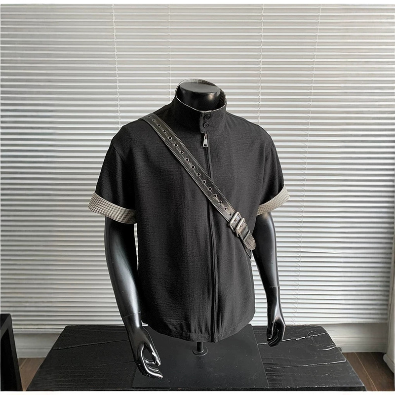2026 Men's Stand Collar Short Sleeve Shirt, Summer Two-Piece Design, High Street Plaid Cardigan Top, Vintage Shirt