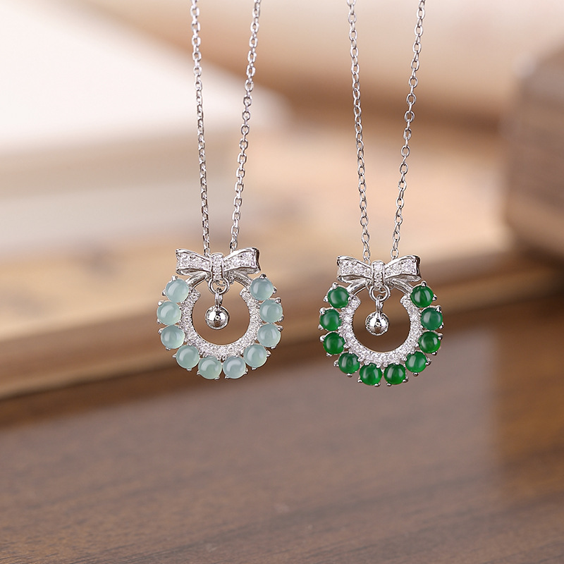 Mặt dây chuyền bạc S925 hình hươu nơ đính ngọc bích xanh — Mẫu ngọc bích nước xanh (không có dây chuyền)