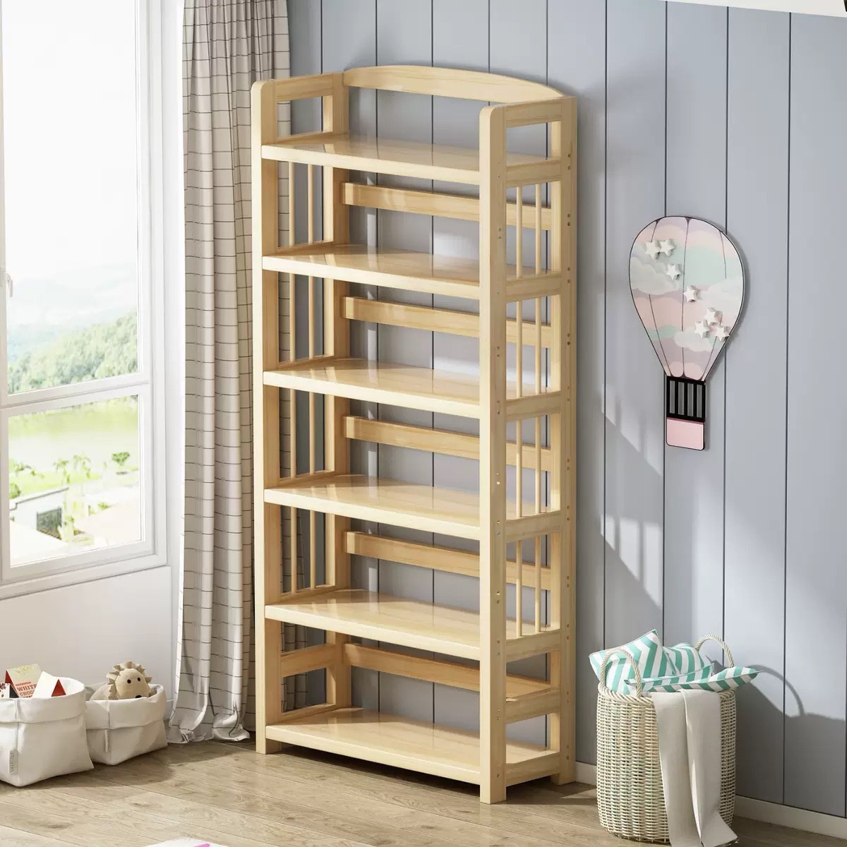 All-Solid Wood Bookshelf, Floor-Standing Storage Rack, Bookcase, Home-Use Integrated Office Wall-Mounted Pine Storage Cabinet