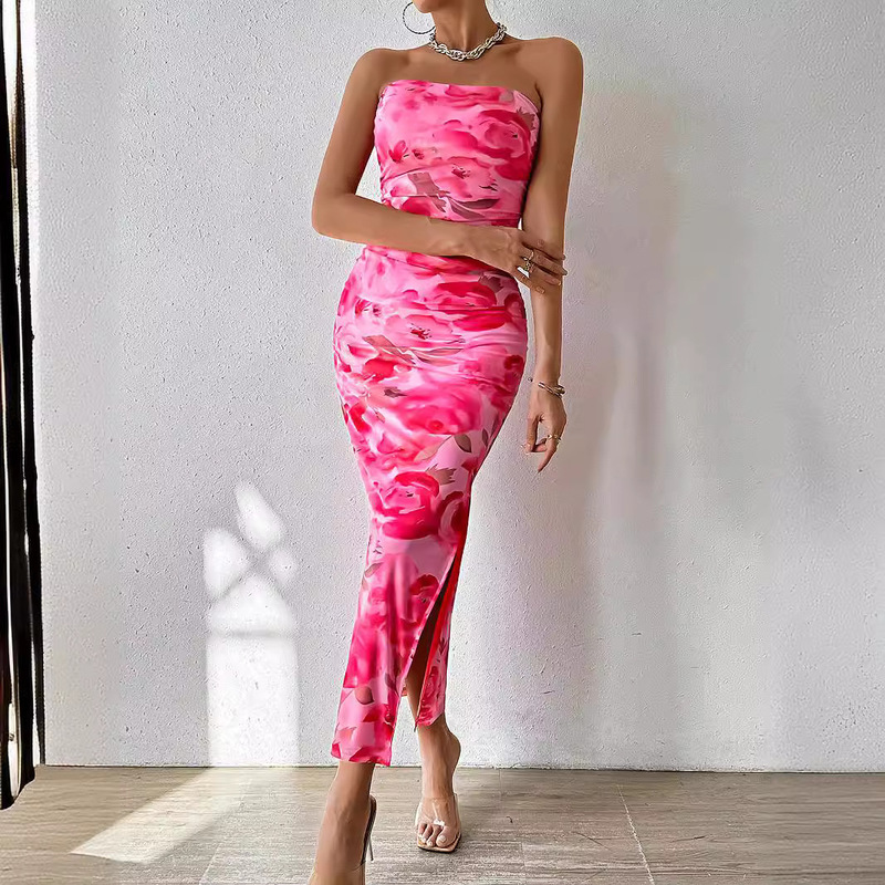 Cross-border European and American Fashionable Vacation Directional Tube Top Strapless Backless Slit Sleeveless Printed Dress Sexy Number