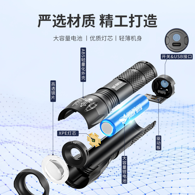 伸缩变焦迷你手电筒户外远射高亮便携式手电尾部USB充电手电筒|undefined
