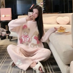 GP新年圣诞熊半边绒睡衣女士秋冬软绵绵保暖可外穿家居服甜美
