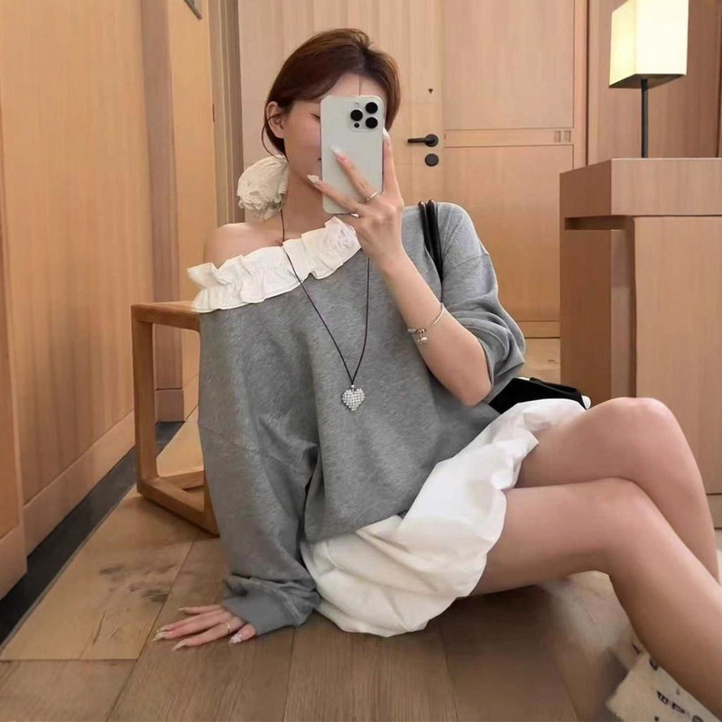 拼接木耳边长袖斜肩套头卫衣女2025早秋新款洋气宽松时尚百搭上衣|undefined