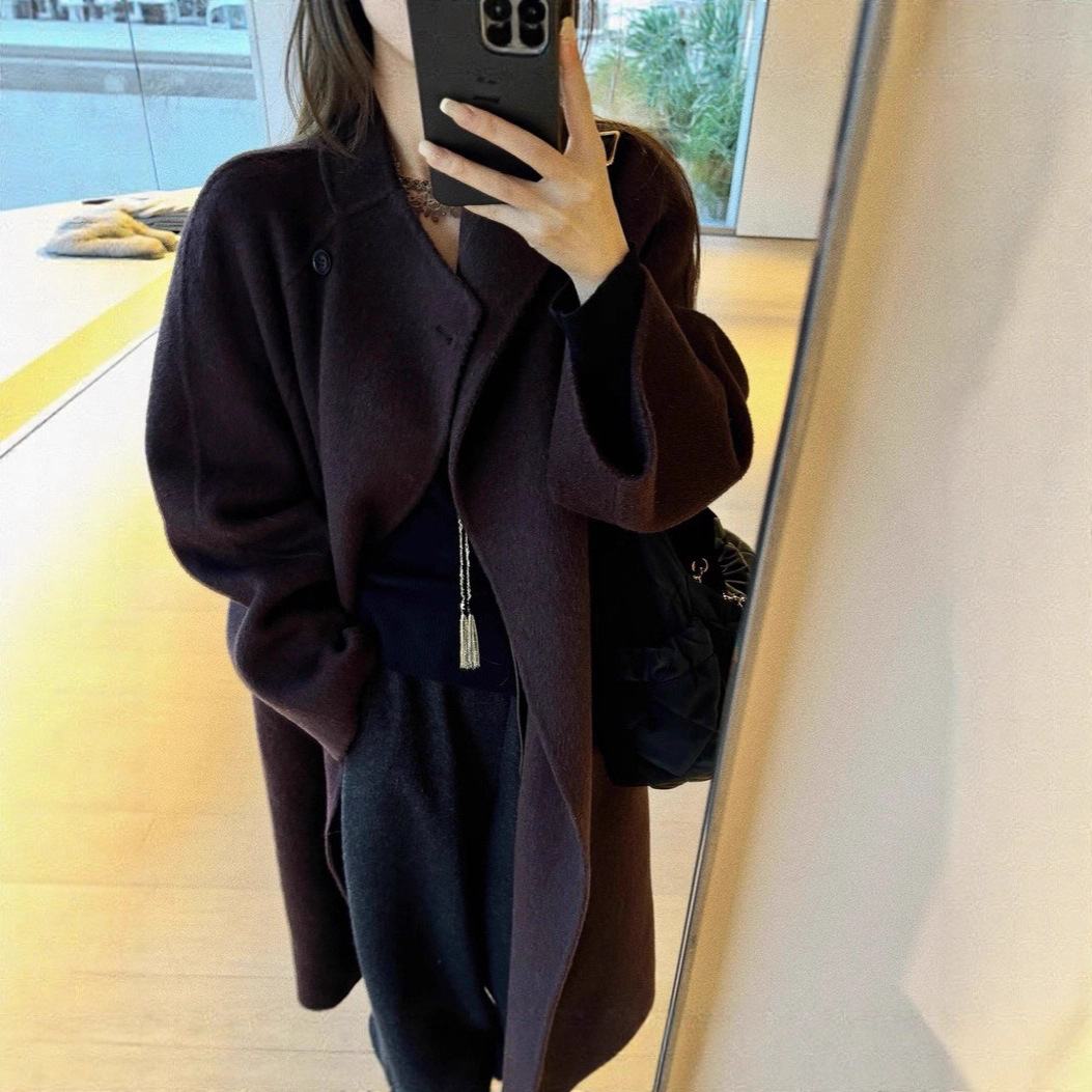 2025 Autumn and Winter Luxury Australian Wool Camel Velvet Silk Custom-Dyed and Woven High-End Elegant Double-Sided Woolen Long Coat for Women