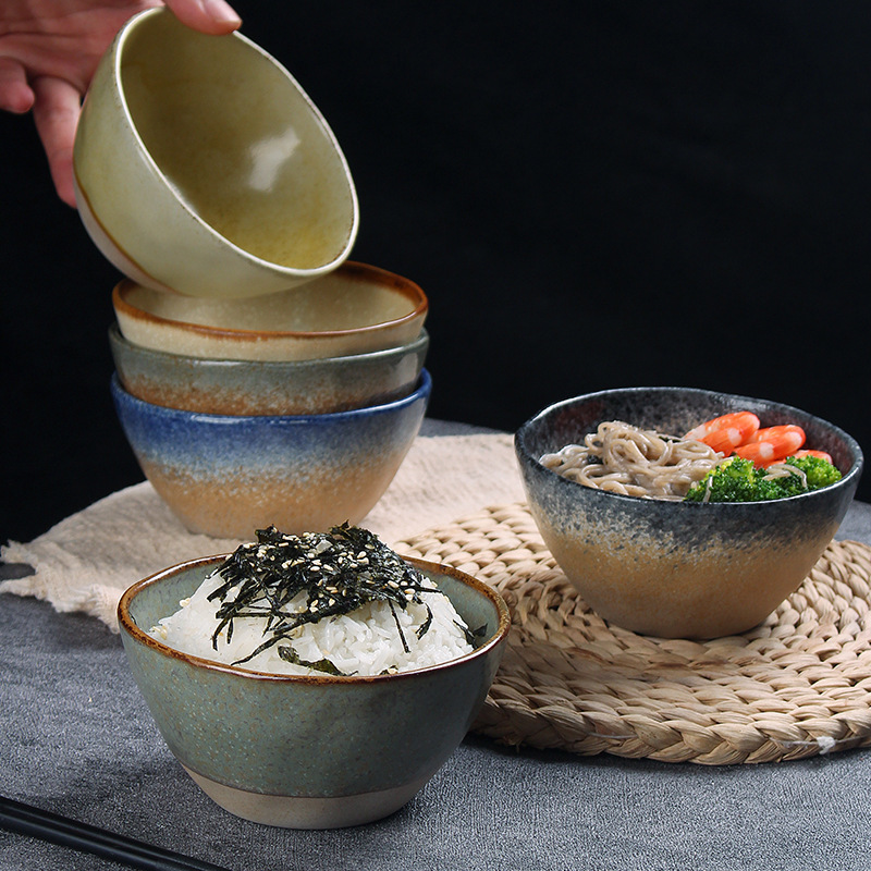 Japanese Ceramic Bowl Simple Tableware Household Retro Pure Color Rice Bowl Thickeneded Anti-Scald Bowl Underglaze Color Rice Bowl Set