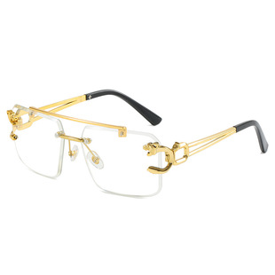 2024 new European and American style men's retro double beam sunglasses fashion leopard frameless trimming sunglasses wholesale