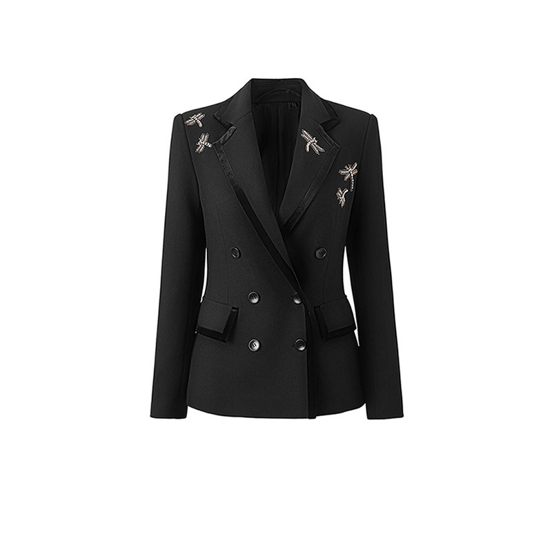 Nanyou Women's Blazer 2026 Spring and Autumn High-Quality Velvet Trim Double-Breasted Heavy Embellished with Rhinestones and Dragonfly Embroidery Suit Jacket