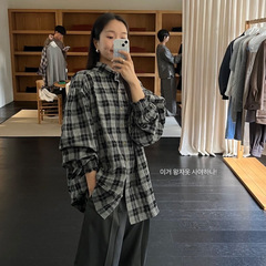预售2025秋季新款韩国M*OONDAL羽毛格纹撞色拼接廓形长袖衬衫