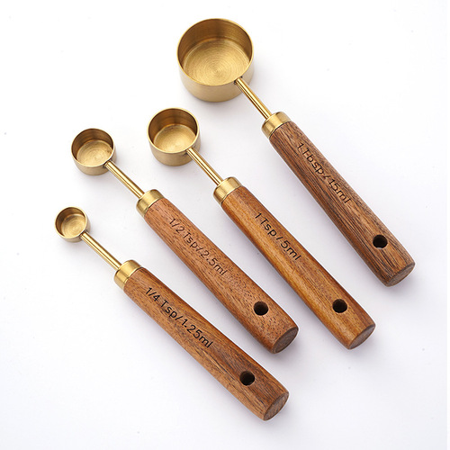 Stainless steel measuring spoon measuring cup 8-piece set rose gold scale wooden handle measuring spoon set home kitchen baking tools