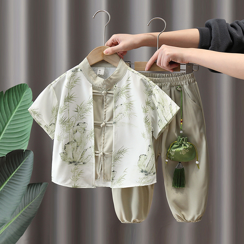 7303 Traje de estilo chino para niños Traje Tang mejorado de manga corta de verano Nuevo estilo chino para niños Traje de dos piezas de verano