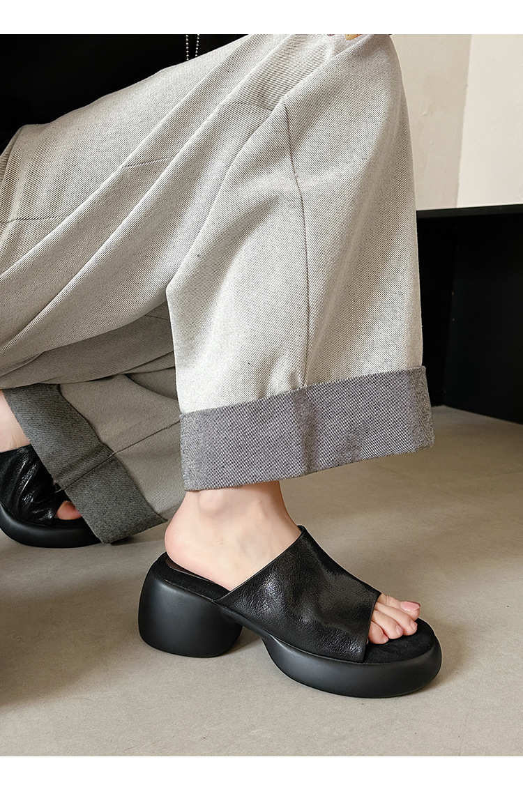 Dép lê nữ da cừu đế dày 7 cm, sandal hở mũi tăng chiều cao — đen chi tiết 19