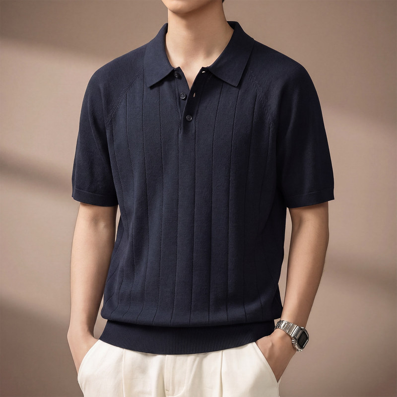 High-End American Old Money Style Textured Short-Sleeve Collared Knit Shirt for Men, Summer Ice Silk Thin Casual Polo Top