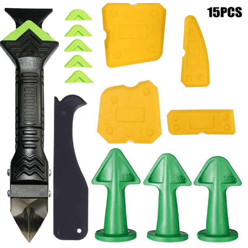 15 종 세트 (녹색 고무 노즐 3 개 + 녹색 3 in 1 금속 스크레이퍼 + 고무 헤드 6 개 + 노란색 스크레이퍼 4 개 + 검정 스크레이퍼 1 개)