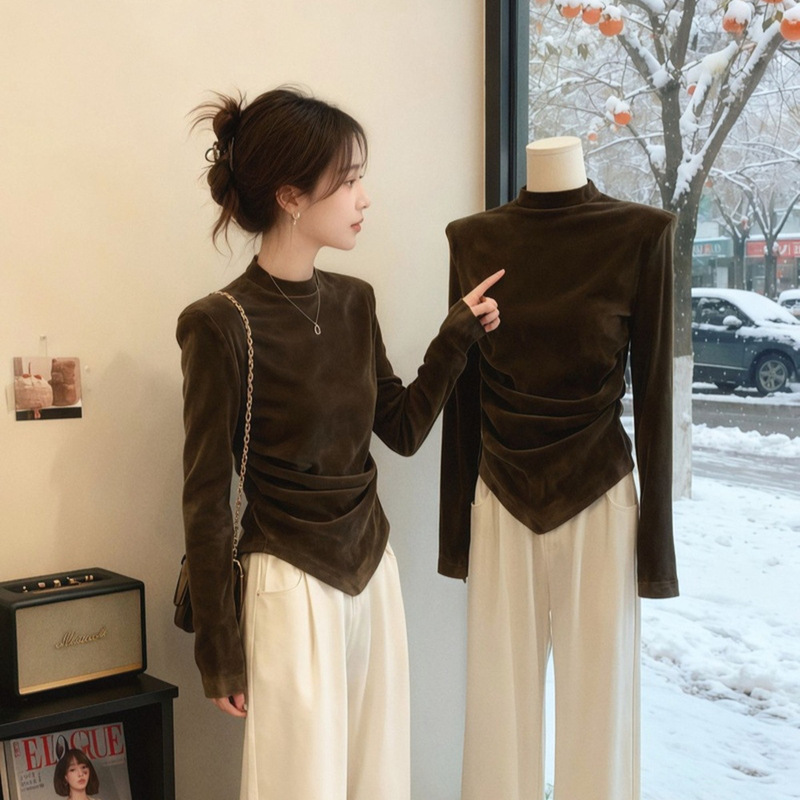 With Shoulder Pads 240g Korean Velvet Elegant Half Turtleneck Velvet Long-Sleeved T-Shirt Women's Autumn and Winter Bottoming Shirt Inner Top