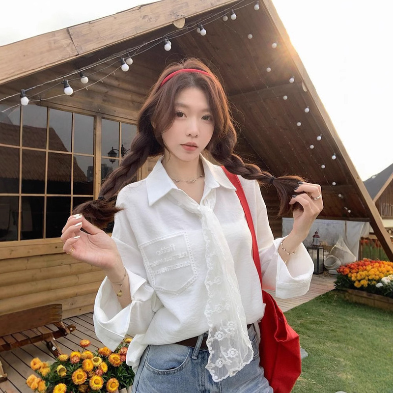 [Direct Delivery from the Manufacturer] Temperament Lace Tie Long-Sleeved Shirt Women's Summer Cardigan Top + Silk Scarf