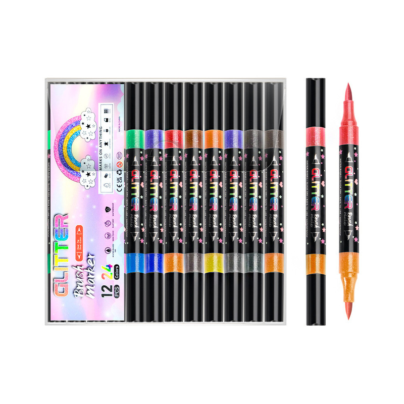 双頭 2 色グリッターマーカー学生アート絵画グリッターハンドアカウントペンカラーダブルソフトヘッド蛍光ペンセット|undefined