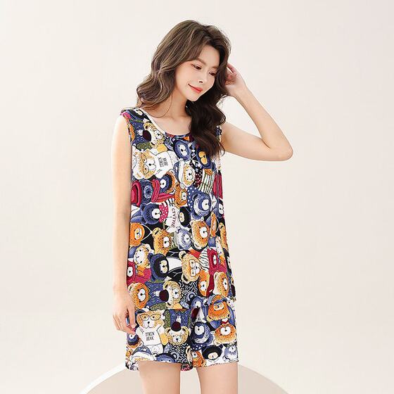 Summer sleeveless vest cotton silk pajamas short-sleeved two-piece suit women's summer sling thin artificial cotton home wear