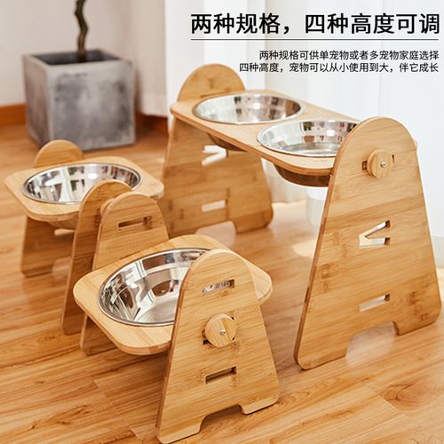 Large and Medium Dog Bowl Bamboo Stand Stainless Steel Dual Bowl Pet Dog Bowl Adjustable Bamboo Wood Stand Slanted Mouth Neck Protection Dog Bowl