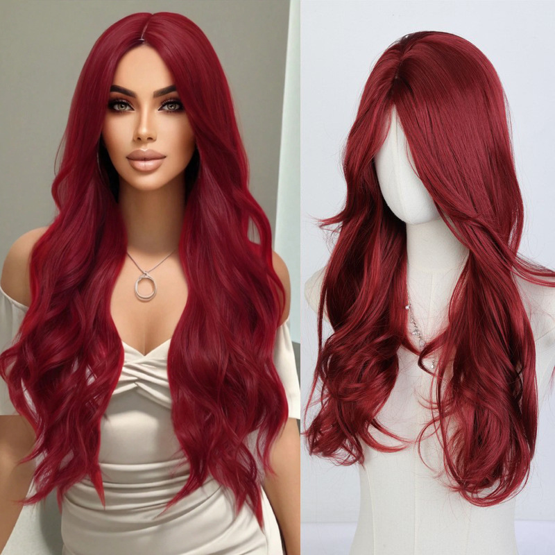 Women's Wavy Curly Red Hair Wig Synthetic Hair Raspberry Red Medium Parted Large Wavy Long Curly Hair Wig