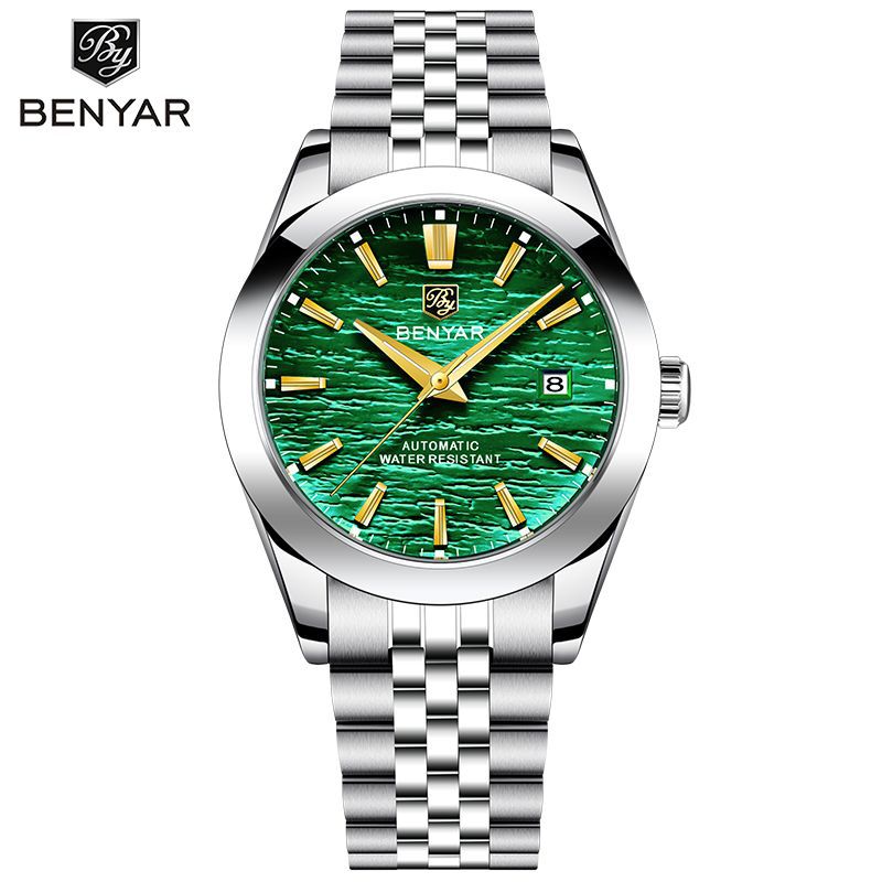 BENYAR calendario ondulado de acero inoxidable nocturno correa de reloj mecánico automático para hombres BY - 5209M