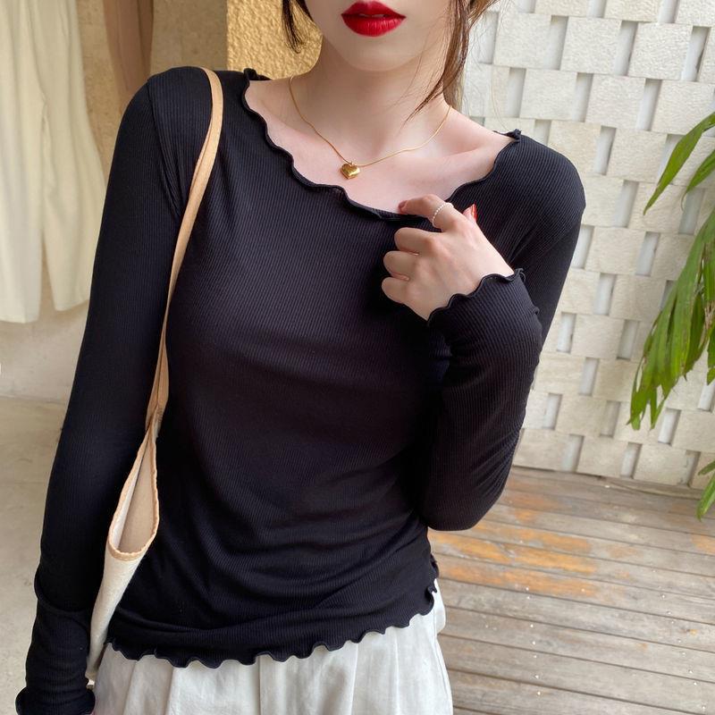 Color caramelo de madera oreja de manga larga Camiseta para mujer primavera nuevo desgaste interior Delgado estudiante color sólido fondo camisa ins top